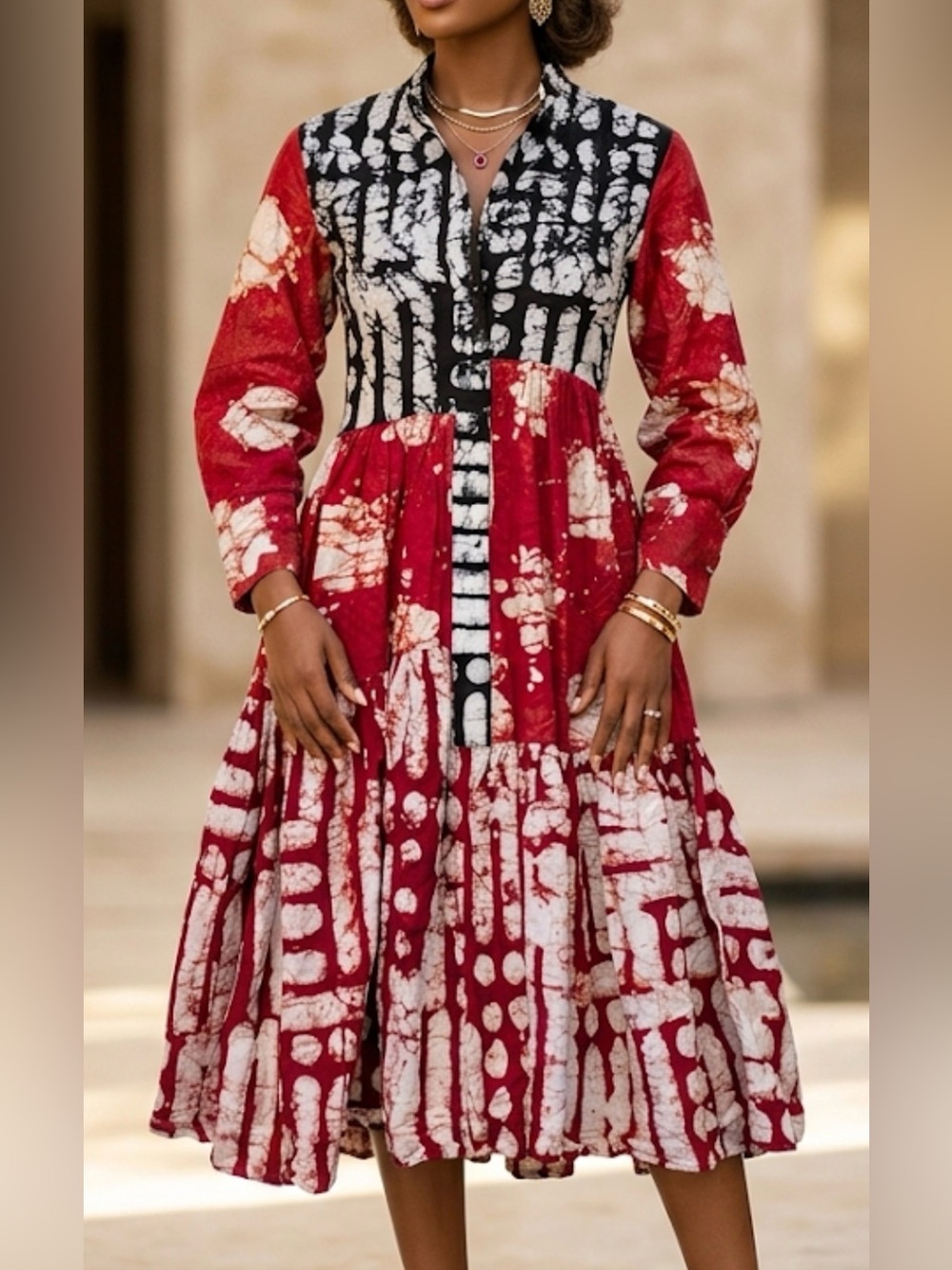 Busayo Adire Red Black White Hand Dyed Cotton Tiered Midi Dress Small
